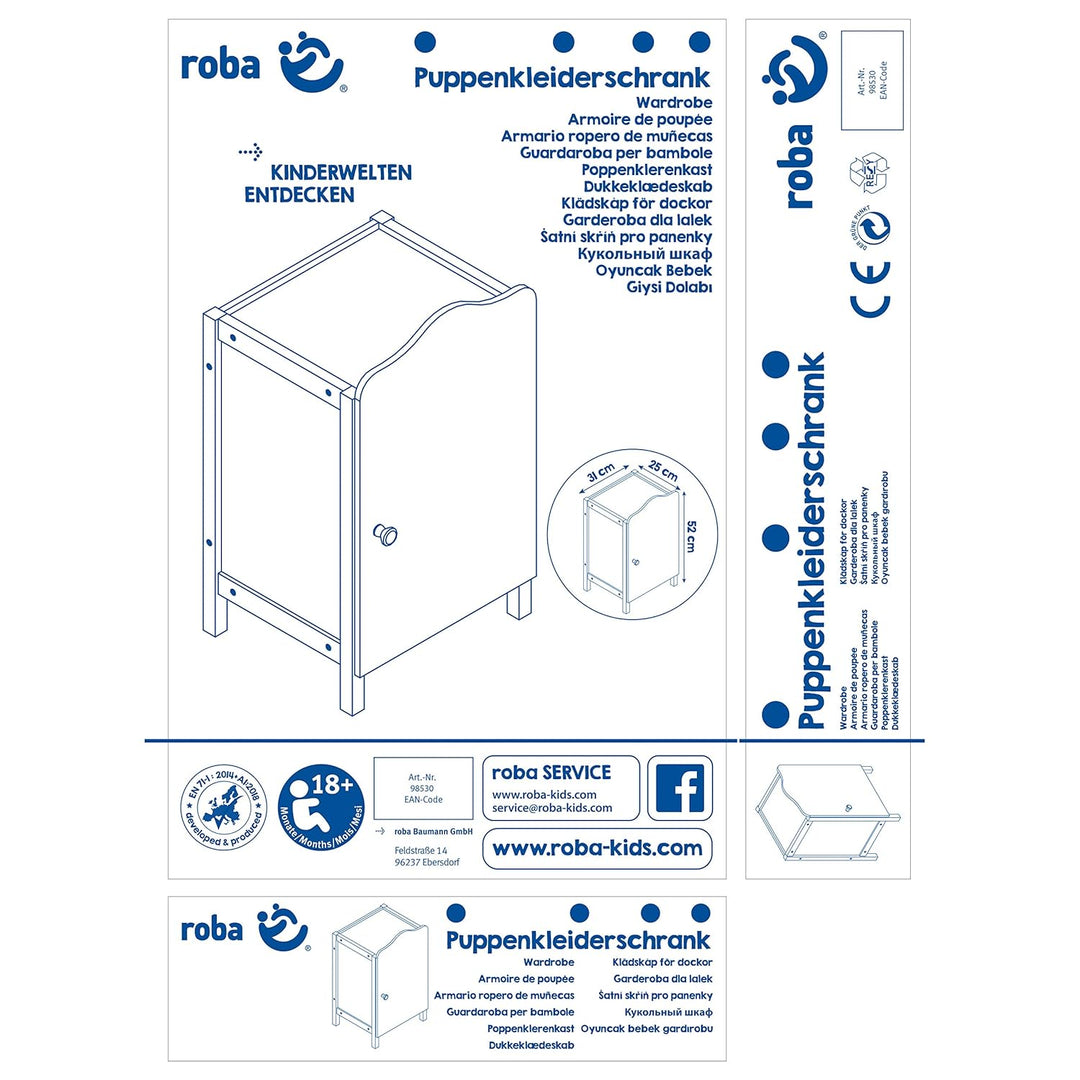 roba Puppenkleiderschrank 'Stella', zum Verstauen von Puppenkleidung und Zubehör, weiss lackiert, Pu