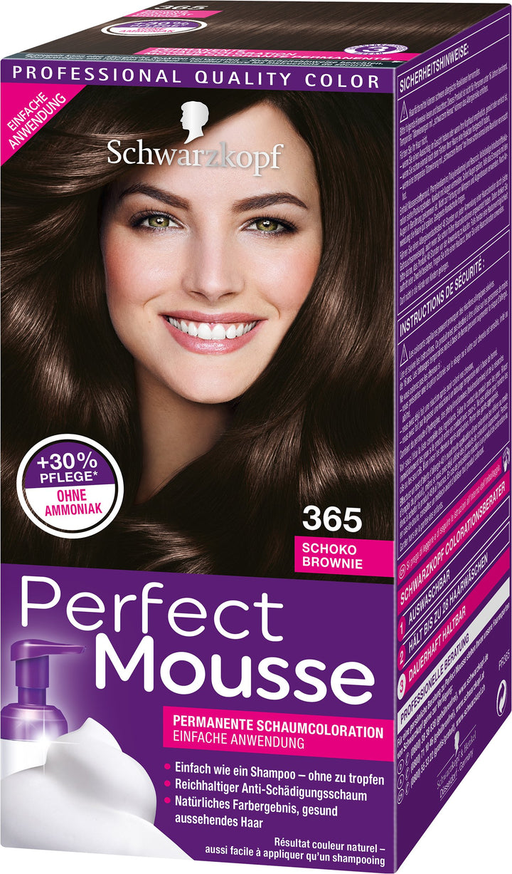 Schwarzkopf Perfect Mousse Permanente Schaumcoloration, 365 Schoko Brownie Stufe 3, 3er Pack (3 x 93