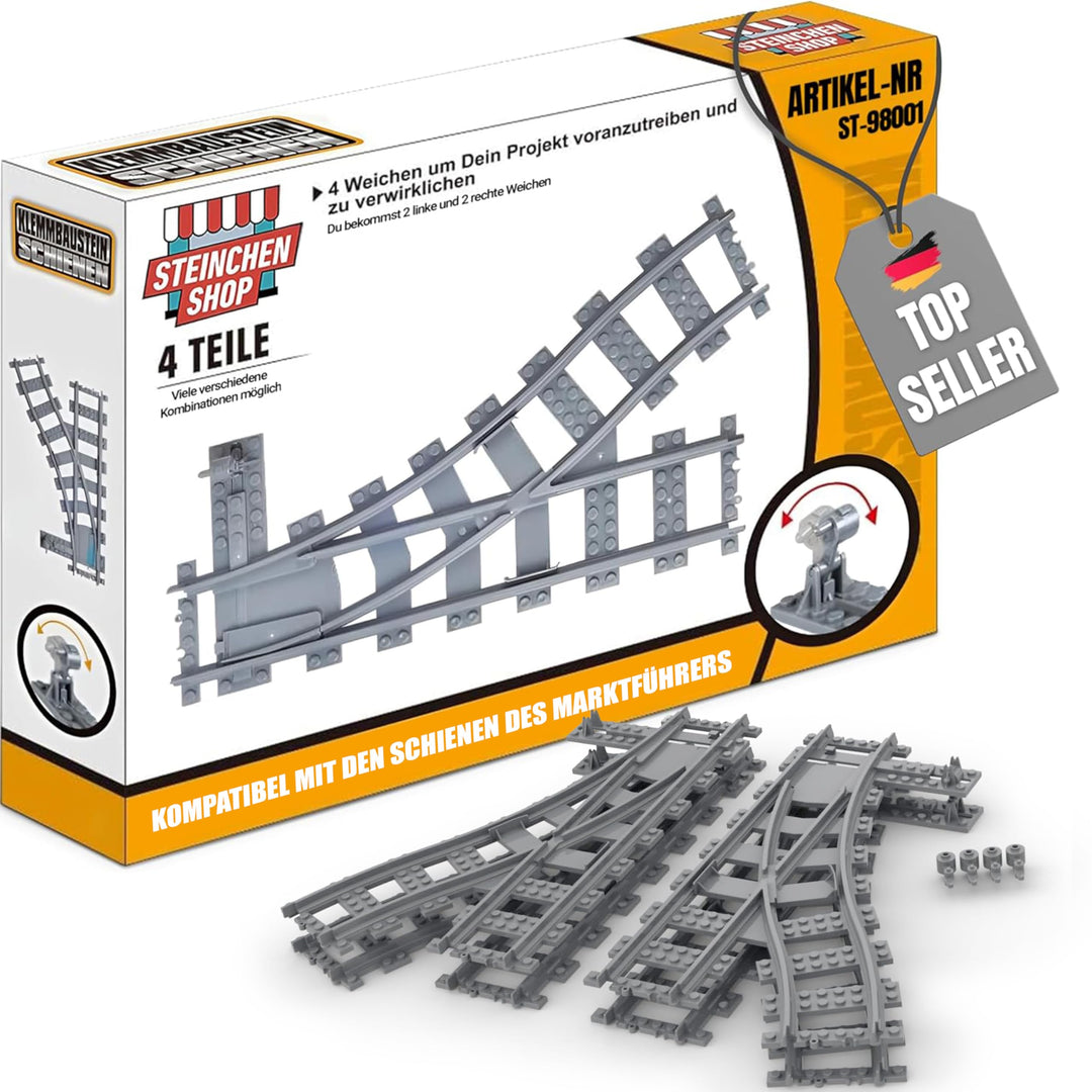 Weichenset – 4 Weichen inkl. Hebel – kompatibel mit Lego, Q‑Bricks, Cobi, Mould King u.v.m. - für Ci