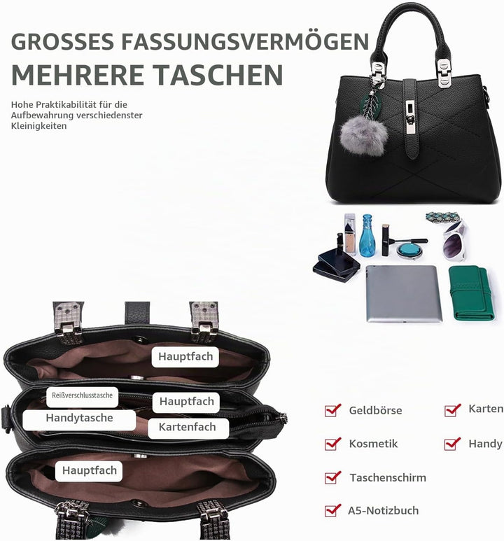 NICOLE &amp; DORIS 2024 Neue Frauen Tasche Damen Leder Handtasche Mode Umhängetasche Mit Pompon abnehmba