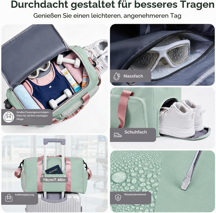 FIORETTO 35L Damen Sporttasche Faltbare Reisetasche mit Schuhfach und Nassfach, Wasserabweisende Wee