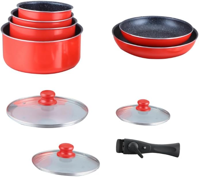 HAGEN, Stone coated cookware, Removable handle, 10 pieces, Red, Non-stick coating, All burners, indu