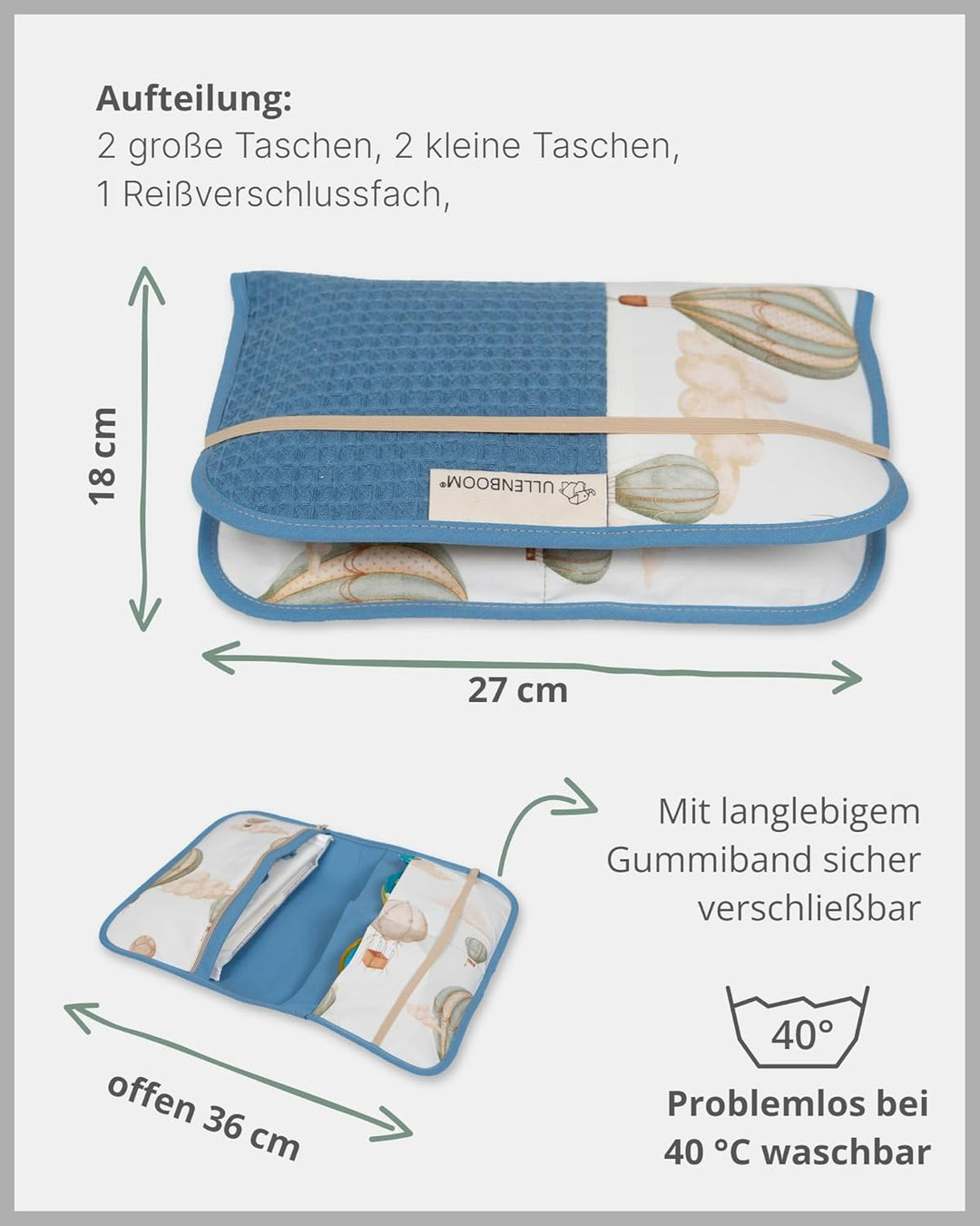 ULLENBOOM ® Windeltasche für unterwegs Ballontraum (Made in EU) - Wickeltasche für bis zu 3 Windeln,