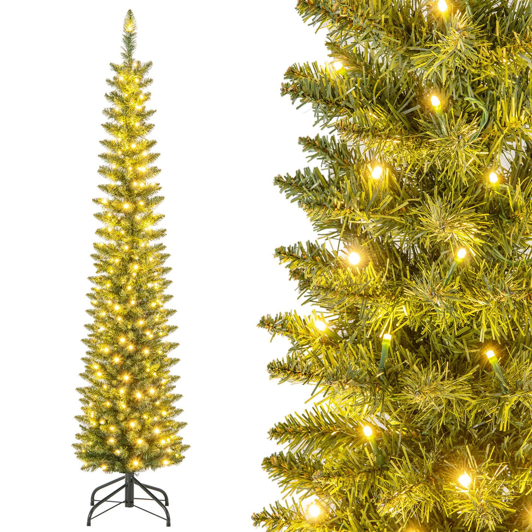 COSTWAY 150/180cm künstlicher Weihnachtsbaum Bleistift, Tannenbaum mit Beleuchtung, LEDs in Warmweis