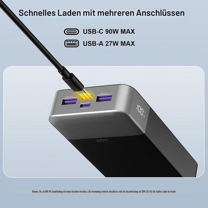 JUOVI Power Bank, 90W Laptop Powerbank 20000mAh USB-C Schnellladefunktion Schwarz, Schwarz