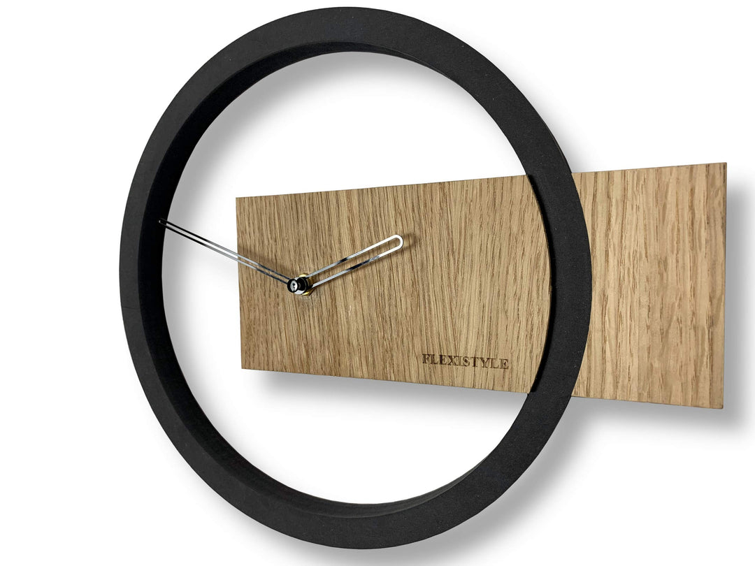 FLEXISTYLE Wanduhr ohne tickgeräusche Holz Eiche Wood Oak 1 Schwarz 32cm, Wohnzimmer, Schlafzimmer,
