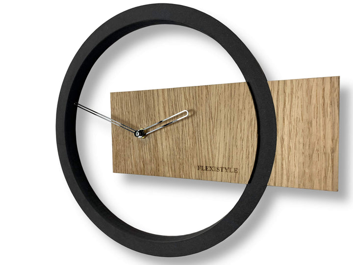 FLEXISTYLE Wanduhr ohne tickgeräusche Holz Eiche Wood Oak 1 Schwarz 32cm, Wohnzimmer, Schlafzimmer,