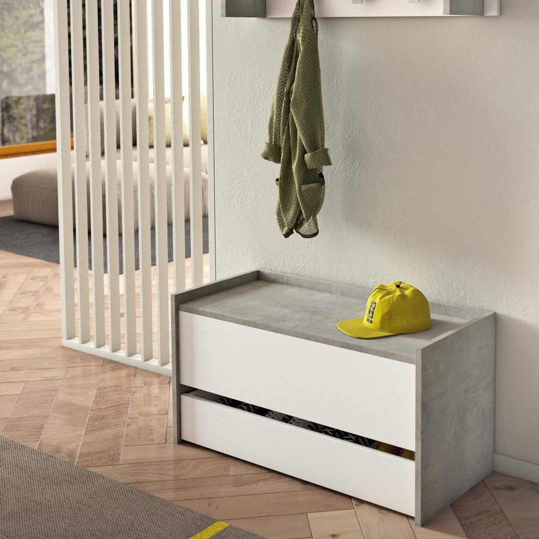 Dmora - Truhenbank Lantana, Moderne Eingangsmöbel mit Schuhregal, Koffertruhe mit zwei Behältern, 10