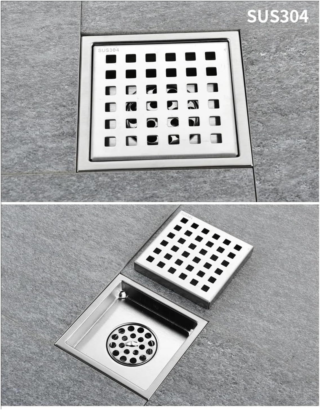 Duschrinne Quadratisch Edelstahl Bodenablauf,15x15 cm,Bodenablauf Dusche,Haarfilter 2 in1 Befliesbar