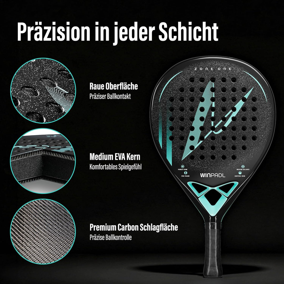 Padelschläger Zone One aus Carbonfaser - 100% Carbon-Rahmen, Soft-Eva-Kern, 365 g, Tropfenform, raue