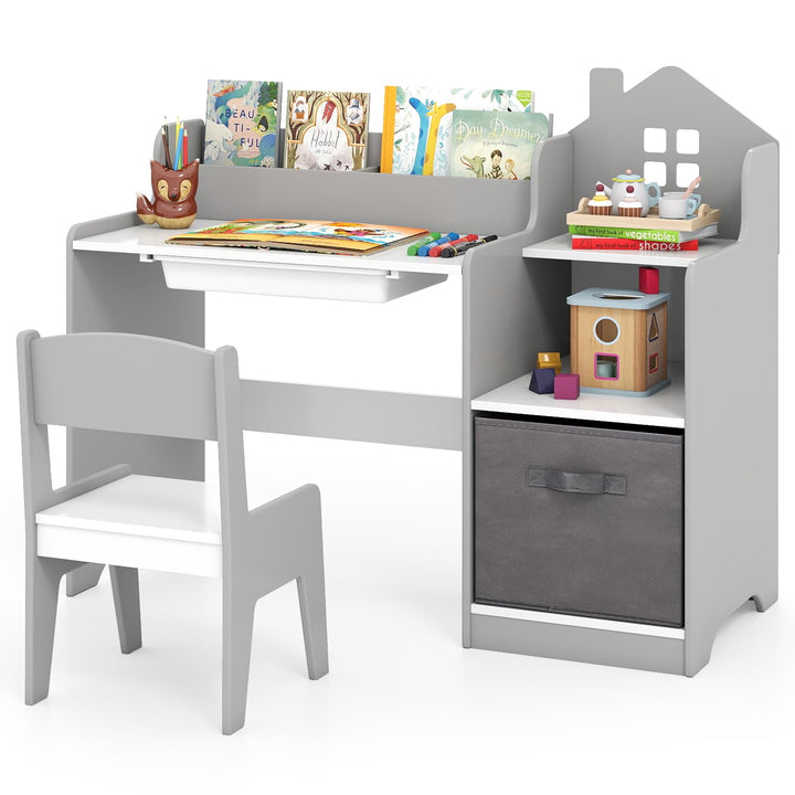 FANTASK Kinder Schreibtisch Set, Schülerschreibtisch mit Schublade, offenen Regalen & Stoffbehälter,
