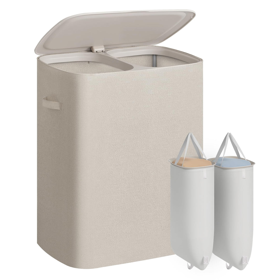 SONGMICS Wäschekorb 160 L, Wäschesammler 2 Fächer, Wäschesortierer mit Deckel, Griffen, Innensack he
