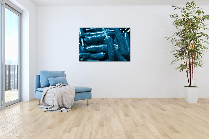 extrem scharfe Peperoni Format 100x70 Effekt: Monocrome Blau als Leinwandbild, Motiv fertig gerahmt