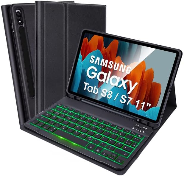 SOPPY Samsung Galaxy Tab S8/Tab S7 Hülle mit Tastatur, Kabellose 7-Farbige Beleuchtung Tastatur Hüll
