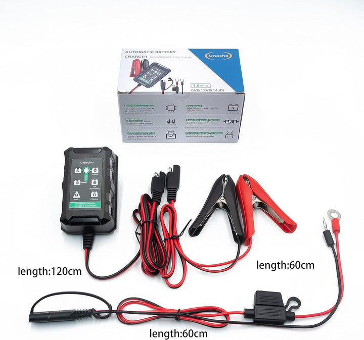 Unocho Automatisches Smart-Ladegerät für 6V 12V Blei-Säure-Batterien 14,4V LiFePO4 Lithium-Batteriel