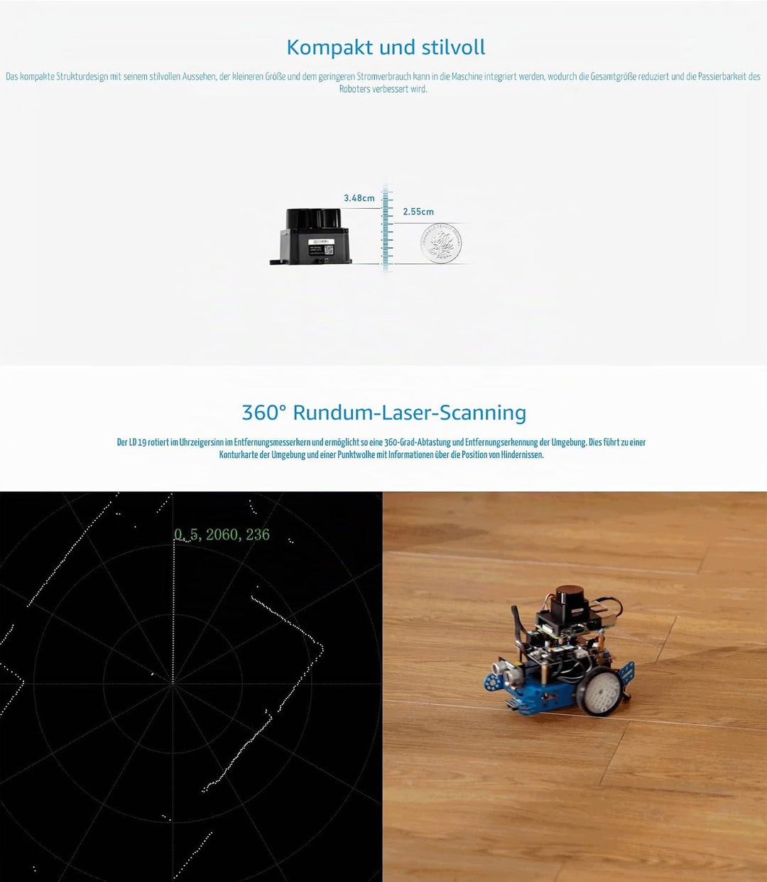 WayPonDEV FHL-LD19 360 Degree 2D Lidar Distance Sensor Kit, 10Hz Scan Rate and 12m Distance Lidar RO