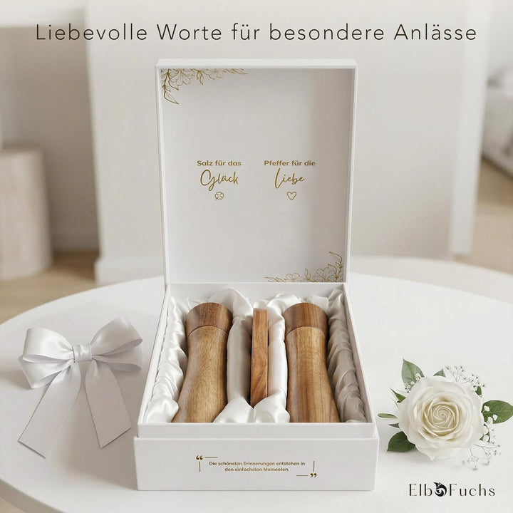 ElbFuchs Salz und Pfeffermühle Holz Set aus Akazienholz mit Untersetzer, 2 grosse Gewürzmühlen stufe