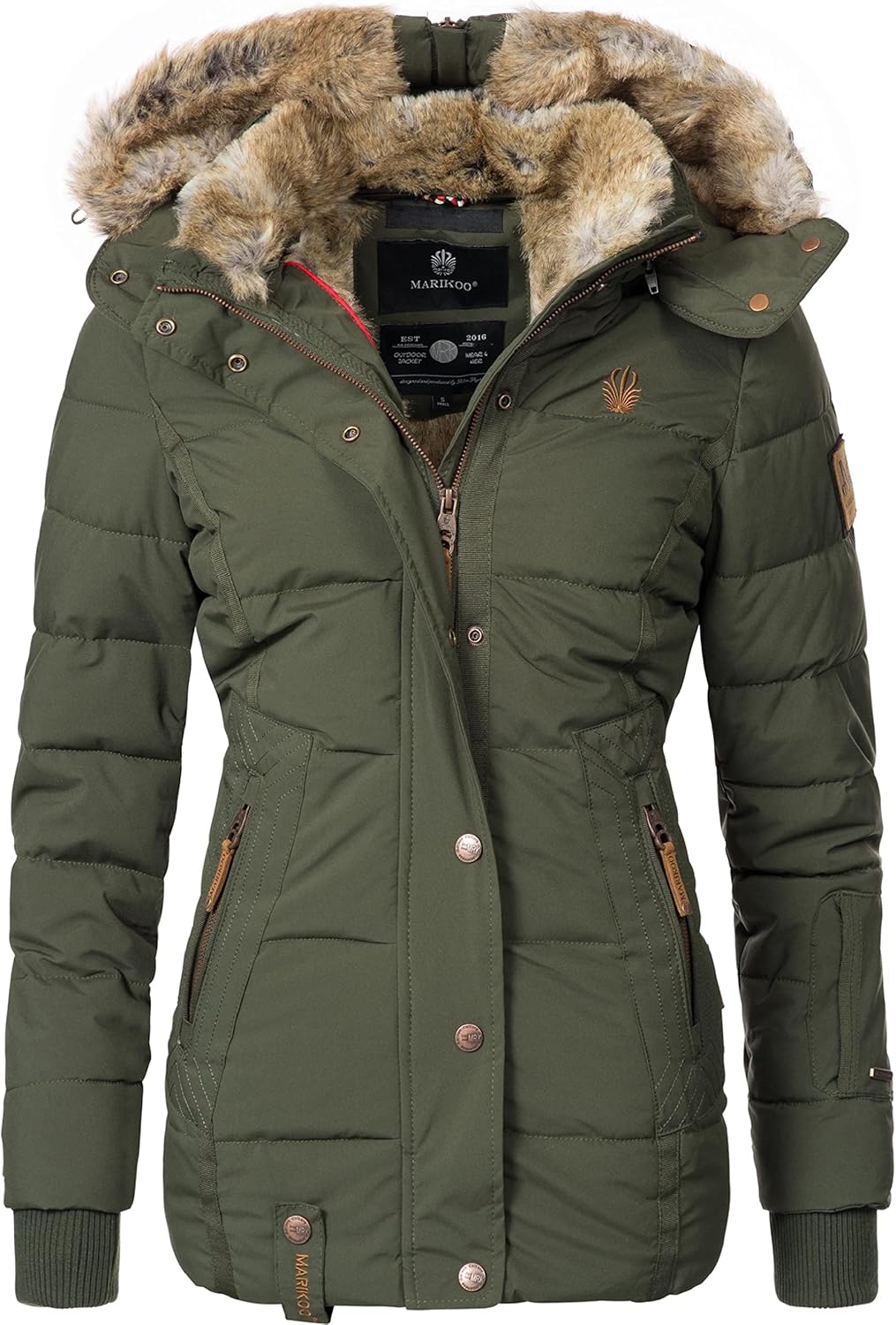 MARIKOO Damen Winterjacke warme Steppjacke mit Kunstfell Innenfutter Nekoo XS-3XL M Grün, M Grün