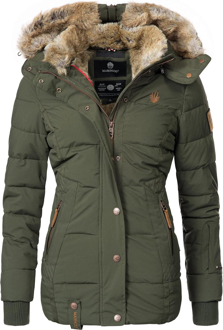 MARIKOO Damen Winterjacke warme Steppjacke mit Kunstfell Innenfutter Nekoo XS-3XL M Grün, M Grün