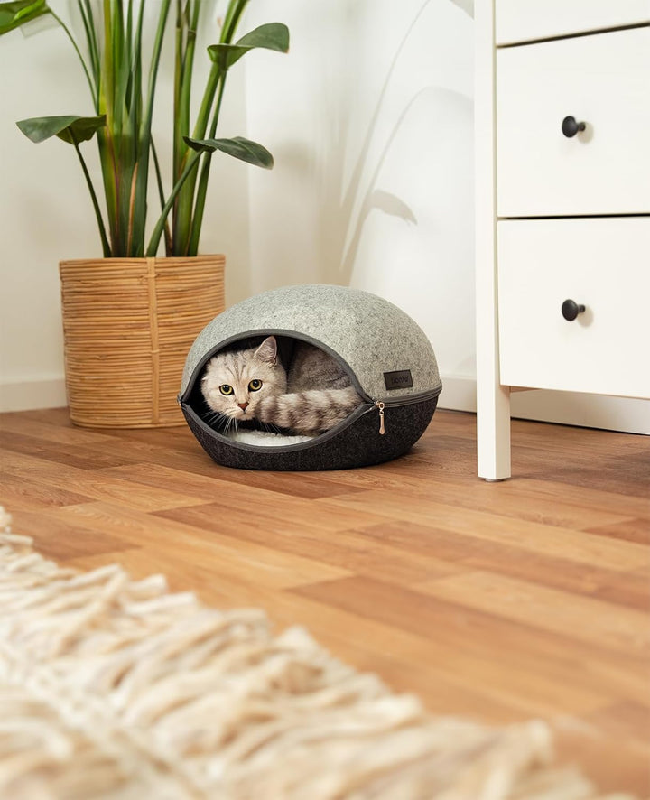 lionto Katzenhöhle aus robustem Filz, gemütliche Kuschelhöhle mit Reissverschluss für Katzen, 46x38x