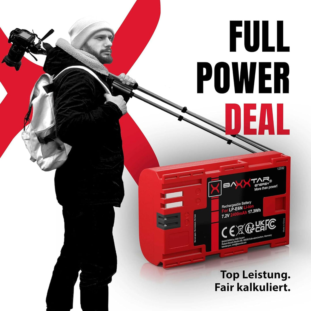Baxxtar LP-E6N Akku 2400mAh Ersatzakku kompatibel mit Canon EOS 5D Mark II Mark III 5DS R5 R 6D 7D 6