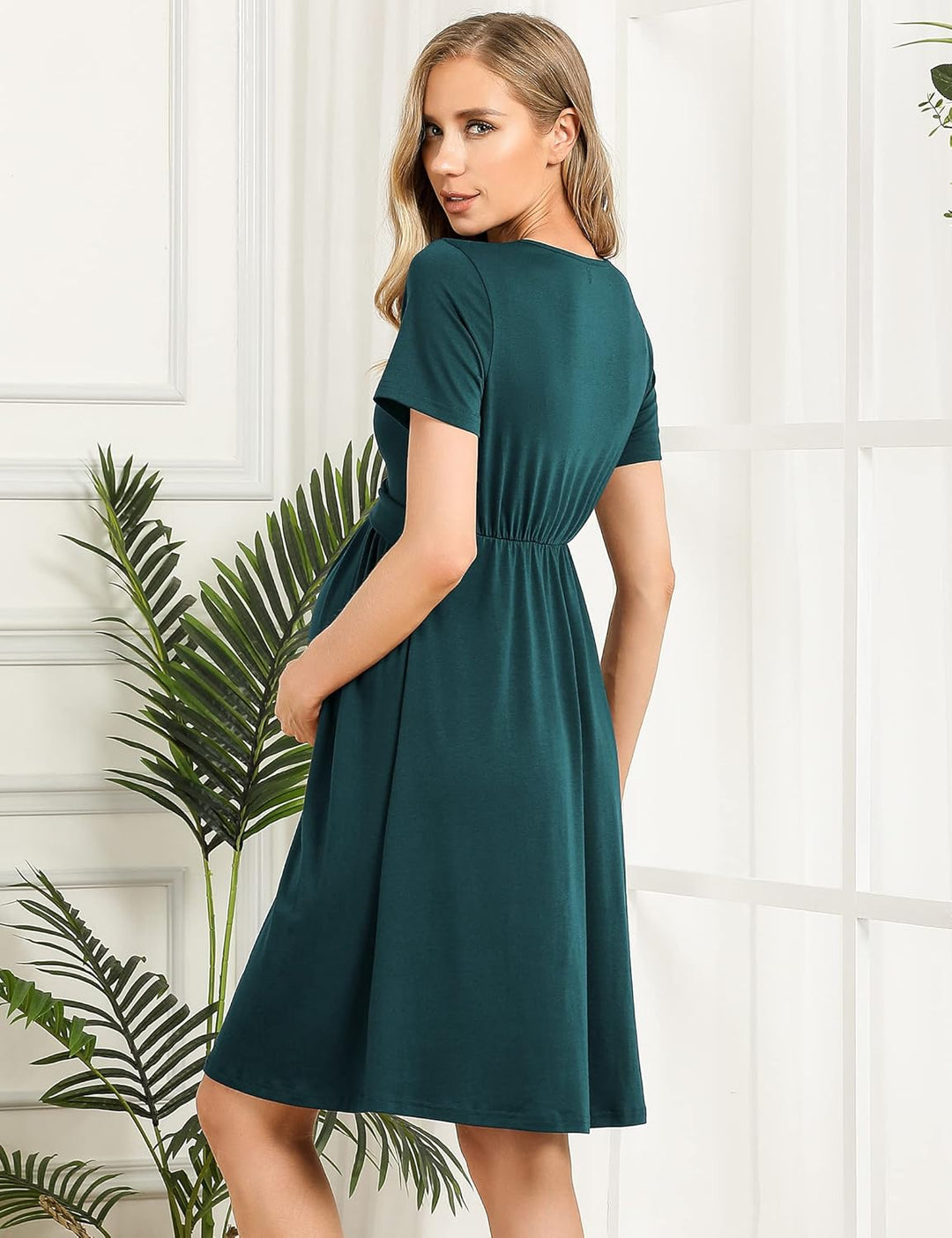 KOJOOIN Damen Umstandskleid V-Ausschnitt Stillkleid Casual Falten Schwangerschaftskleid(Verpackung M