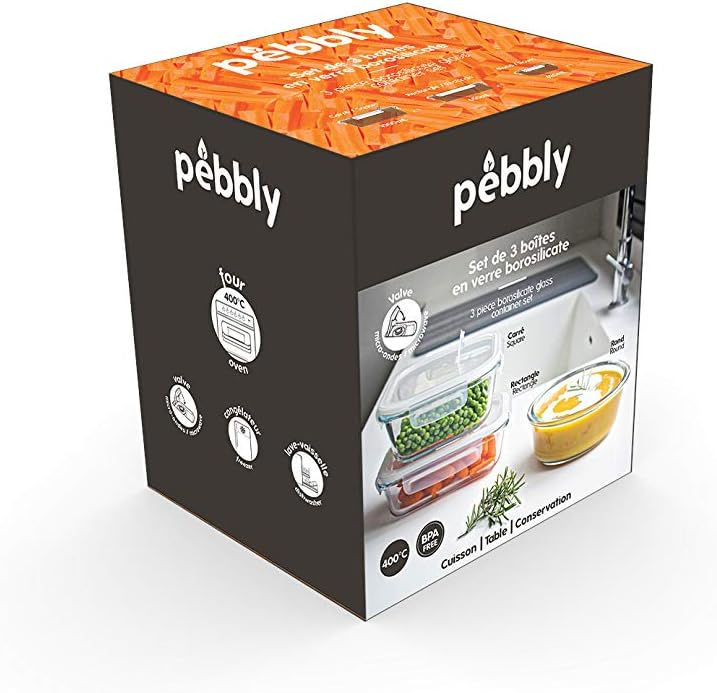 Pebbly PKV-3SMB 3ER-SET VORRATSBEHÄLTER QUADRATISCH 800 ml/RUND 620 ml/RECHTECKIG 650 ml, Borosilika