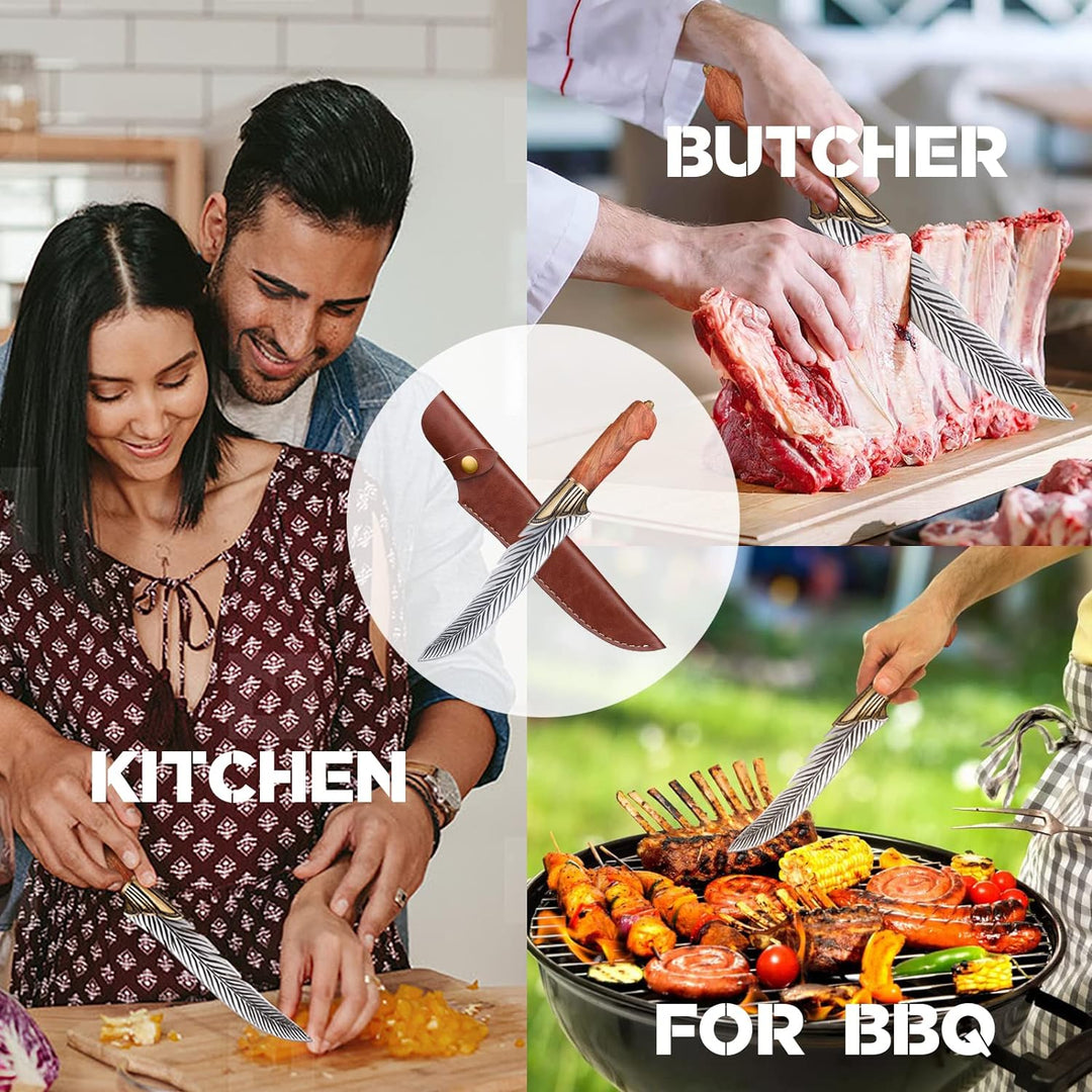 PURPLEBIRD Feder Messer Japanisches Kochmesser mit Lederhülle,Scharfes Ausbeinmesser mit Holzgriff O