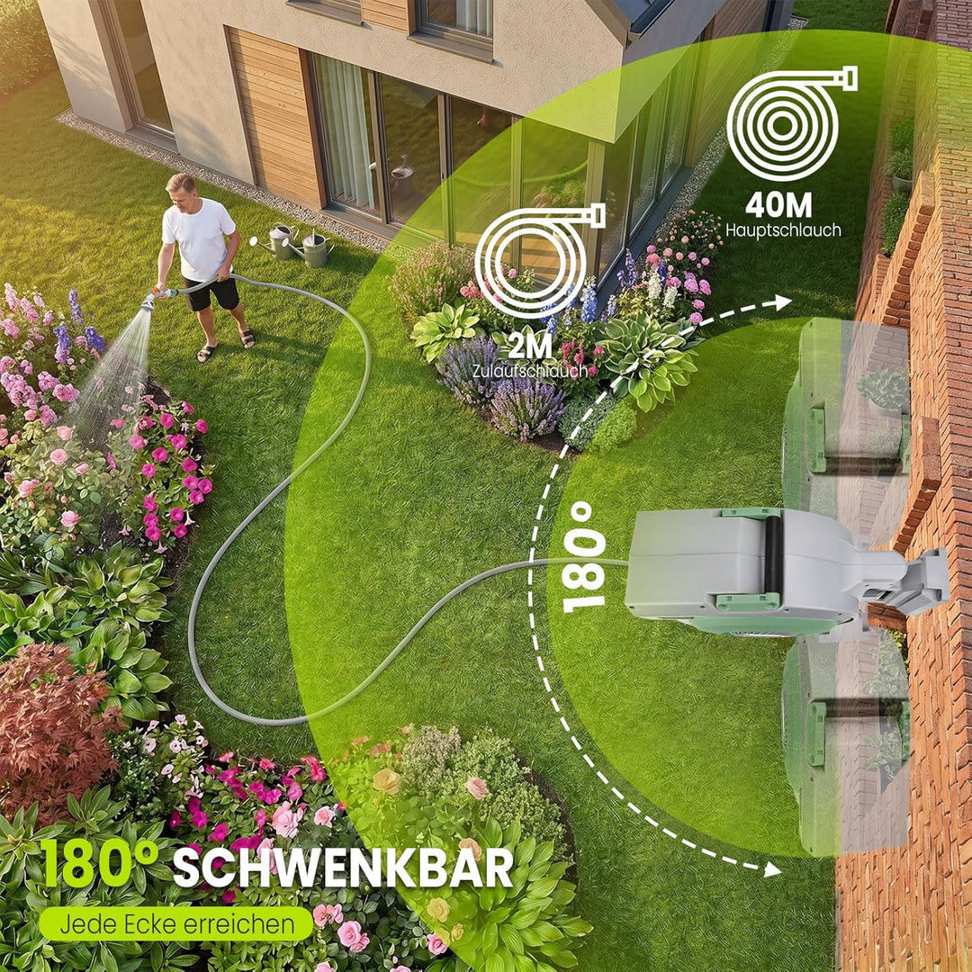 Schlauchtrommel Wasser40m + 2m, 180° Schwenkbar Wand-Schlauchbox, Automatischer Gartenschlauch tromm