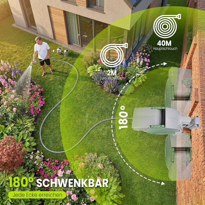 Schlauchtrommel Wasser40m + 2m, 180° Schwenkbar Wand-Schlauchbox, Automatischer Gartenschlauch tromm