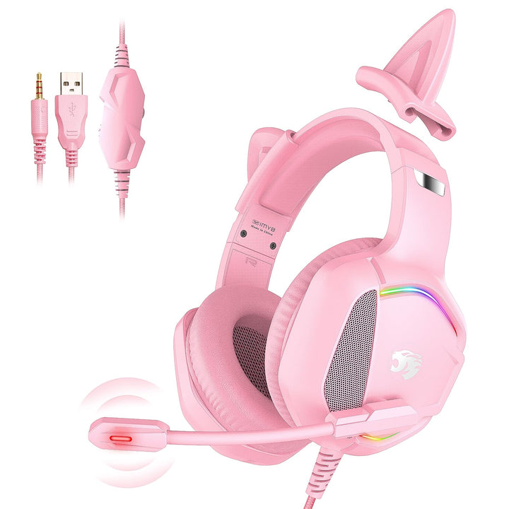 Gaming Headset mit Katzenohren abnehmbaren, RGB-Licht, Stereo Surround Noise Cancelling, Mikrofon fü
