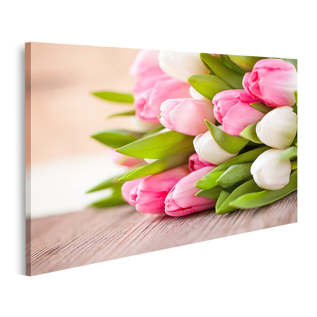 Bild auf Leinwand Strauss Tulpen Vor Frühlingsszene Wandbild Poster Kunstdruck Bilder Format: 100x57