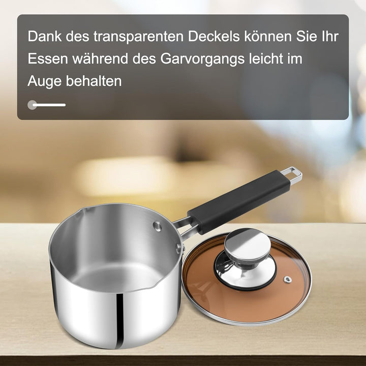 Herogo Stainless Stielkasserolle 16cm, Dreifach-Edelstahl- Milchtopf mit Glasdeckel, kleiner Kochtop
