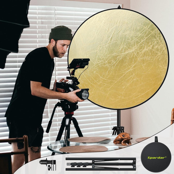 Spardar 110CM 5 in 1 Reflektor Mit Stativ, Runder Faltreflektor (Diffusor und Gold/Silber/Weiss/Schw