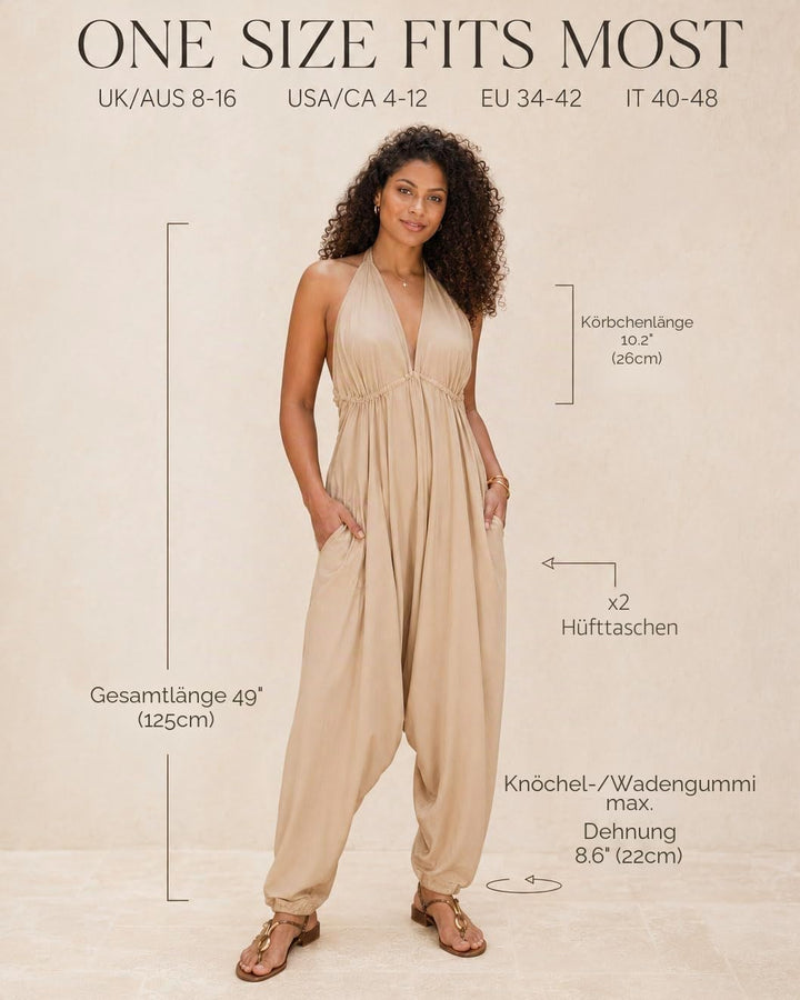 likemary Jumpsuit Damen Sommer – Luftiger Neckholder Overall mit Taschen – Boho Einteiler Damen mit