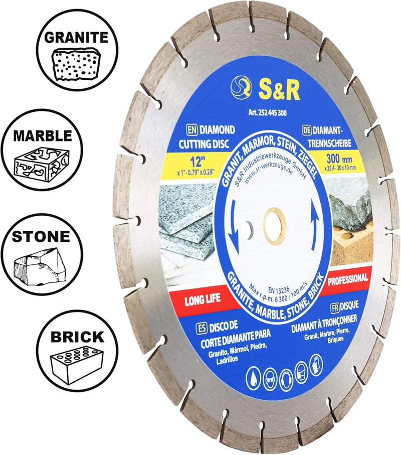 S&R Diamant-Trennscheibe 350 x 25.4 x 3.0 x 10 mm, in Industrie-Qualität für Naturstein, Kunststein,