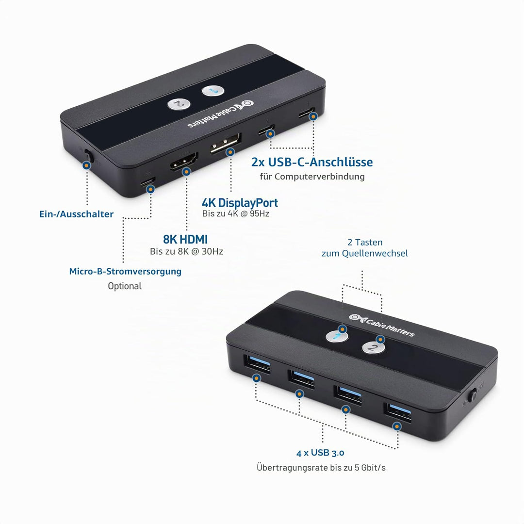 Cable Matters Dual 4K 60Hz USB C KVM Switch 2 Monitore/KVM Switch Displayport, HDMI & 4x USB 3.0 - F