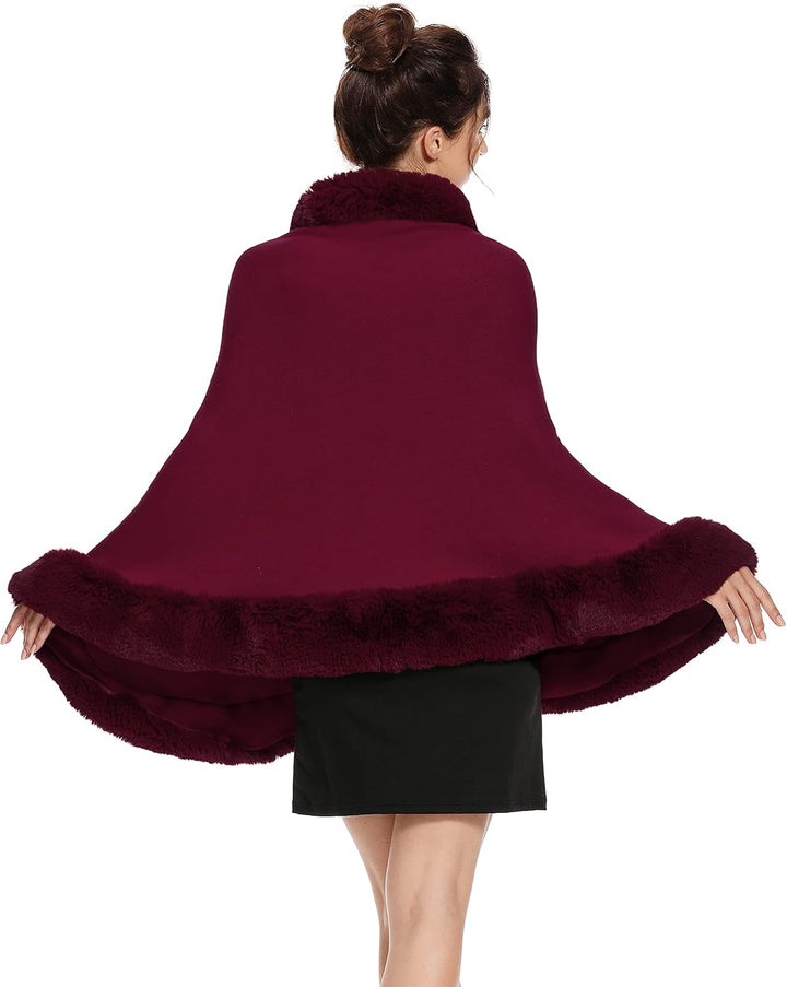 ZLYC Damen Winter Kunstpelz Poncho Cape Strick Schal Stola Warm Cardigan Burgund, Burgund