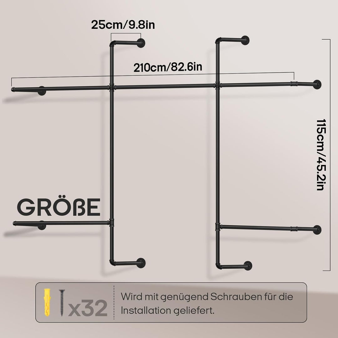 Offener Kleiderstange Wandmontage 200kg Traglast, Begehbarer Kleiderschrank mit 5 Kleiderstangen, 11