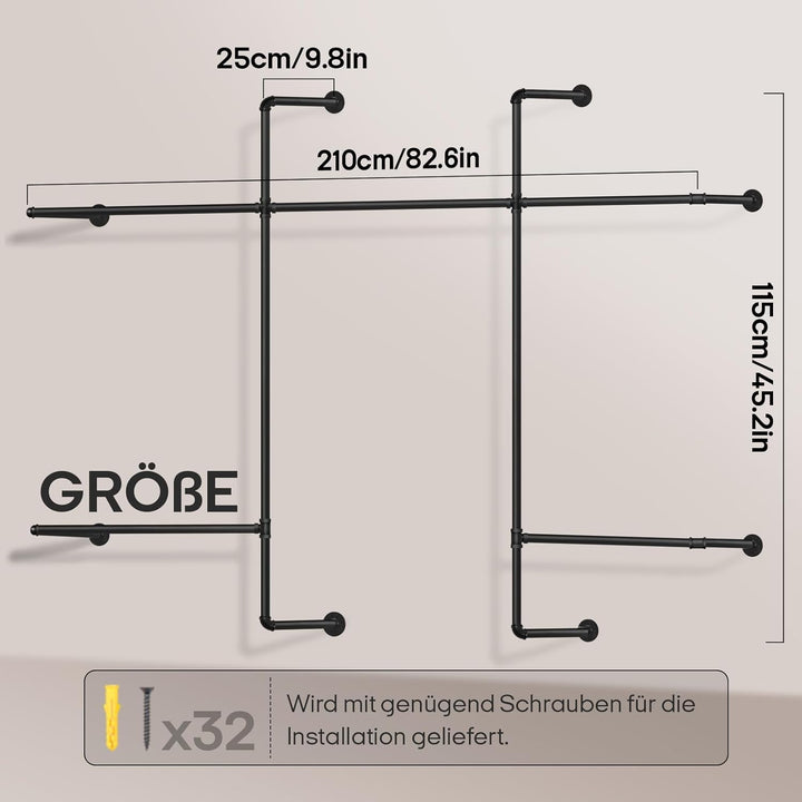 Offener Kleiderstange Wandmontage 200kg Traglast, Begehbarer Kleiderschrank mit 5 Kleiderstangen, 11