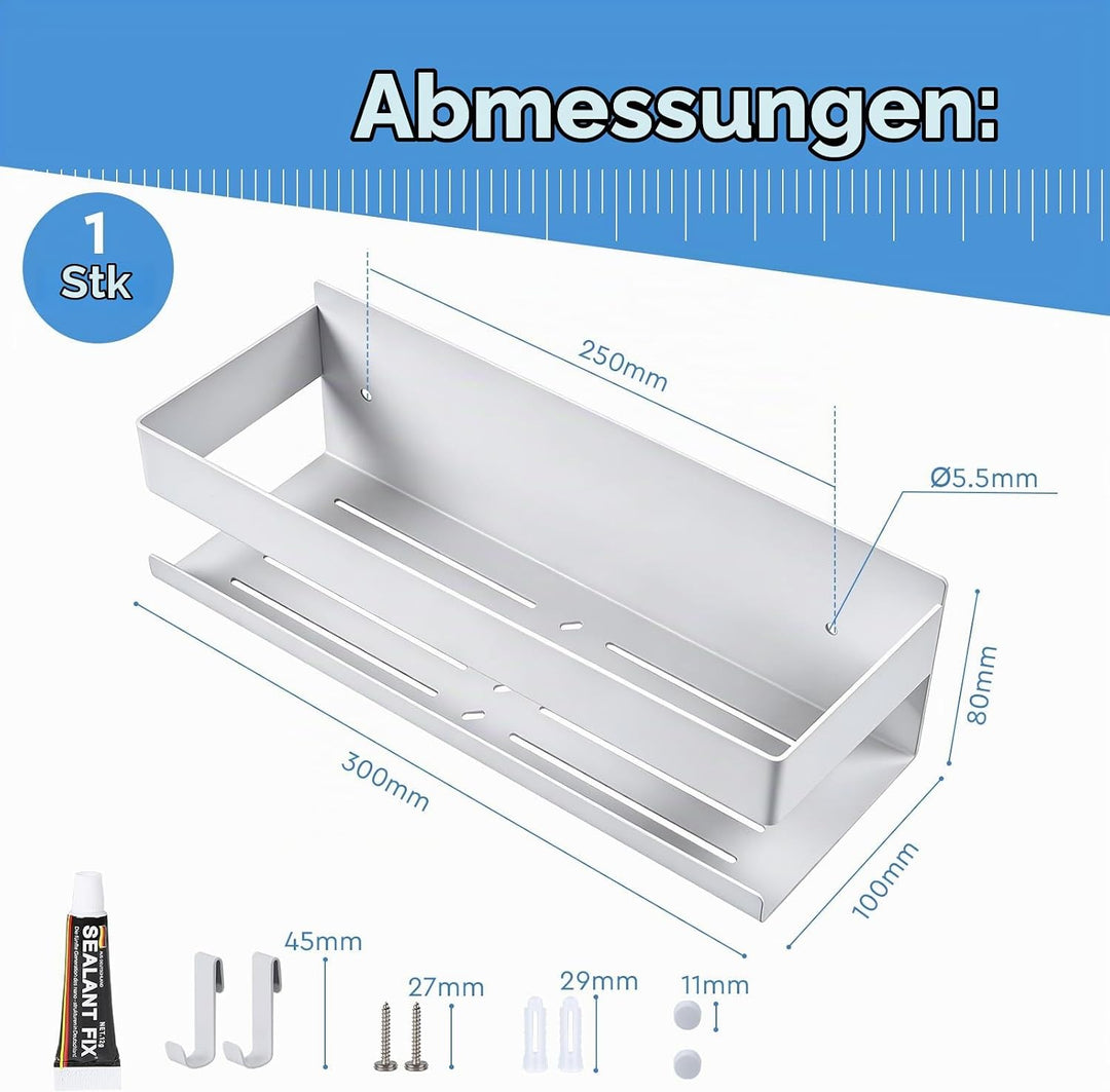 EXLECO 30cm Duschablage Ohne Bohren Duschregal Wand Edelstahl Badregal mit 4 Haken Duschkorb zum Boh