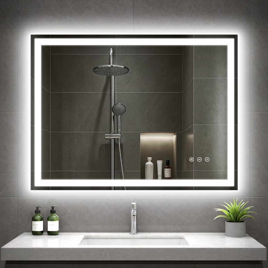 Badezimmerspiegel mit Beleuchtung, 80x60cm LED Spiegel mit Licht, 3 Farben Dimmbar, Antibeschlag, Me