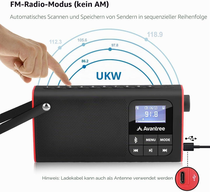Avantree 3 in 1 Portable Tragbares FM Radio, Klein Mini Radio mit Bluetooth Lautsprecher, SD Card MP