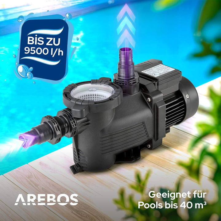 Arebos Schwimmbadpumpe 350W | Filterpumpe mit Vorfilter &amp; 9500 l/h | Poolpumpe für Sandfilteranlage