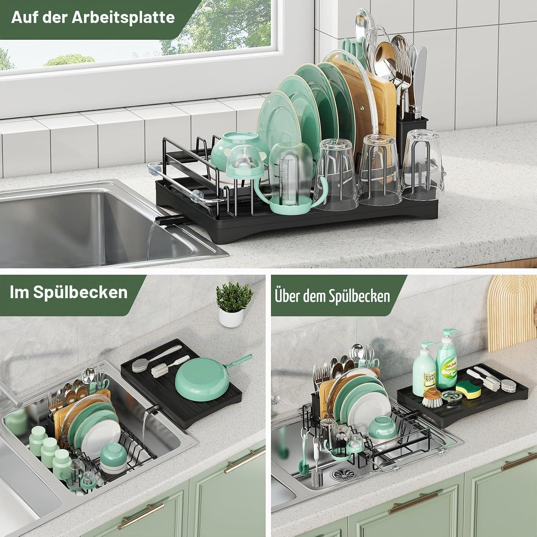 Aufworld ausziehbarer Geschirrabtropfer aus 304 Edelstahl mit Abtropffläche, Über-die-Spüle-Geschirr