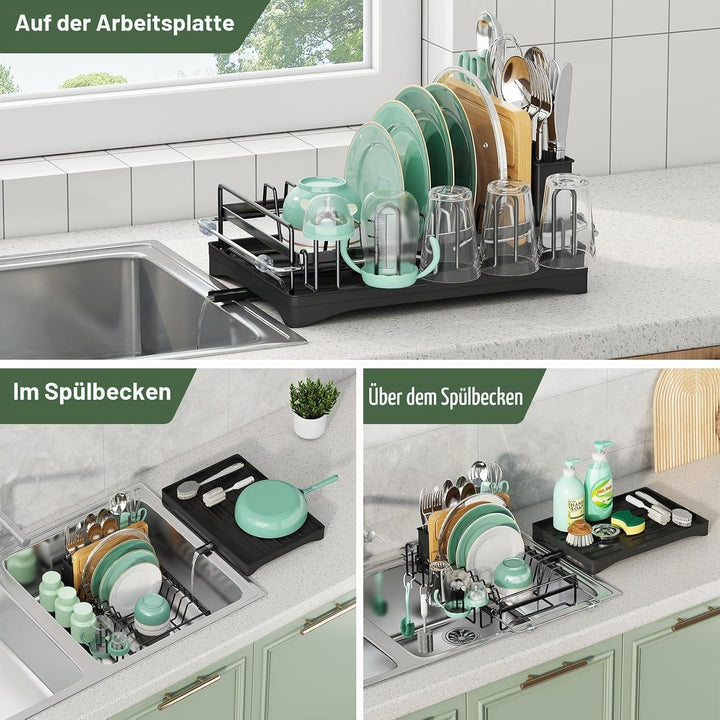 Aufworld ausziehbarer Geschirrabtropfer aus 304 Edelstahl mit Abtropffläche, Über-die-Spüle-Geschirr
