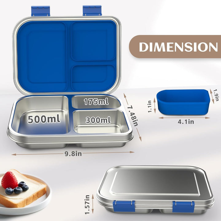 VITONIS Edelstahl Brotdose Lunchbox Kinder, Metal Bento Lunch Box Auslaufsicher,3 Fächern mit Siliko