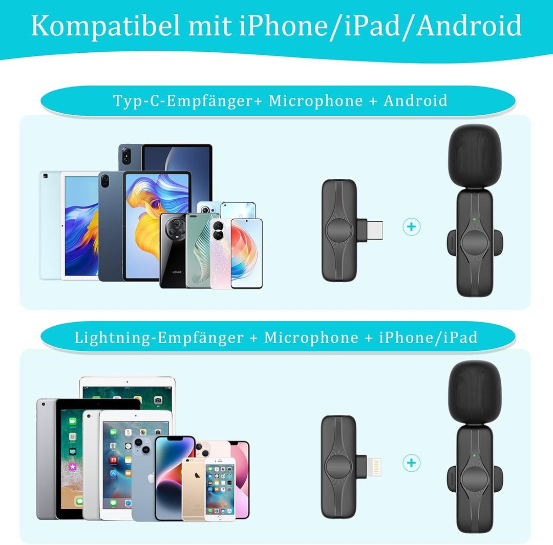 Lavalier Mikrofon Kabellos für iPhone/iPad/Android, 2er Ansteckmikrofon Wireless Mini Mikrofon iPhon