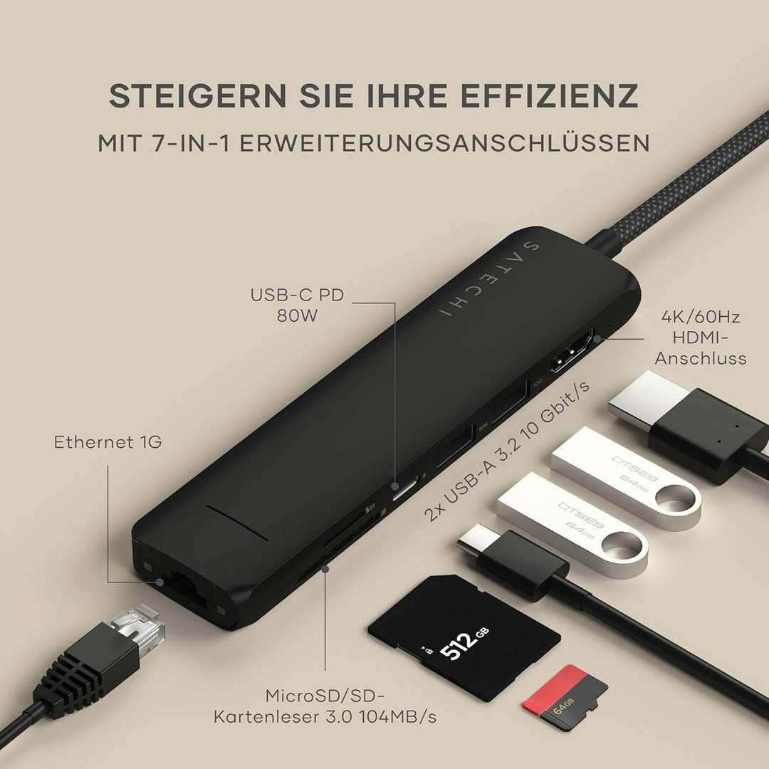 SATECHI 7-in-1 Slim Plus USB-C-Hub, Multiport-Adapter mit Ethernet, 100-W-PD-Ladefunktion, HDMI 4K@6