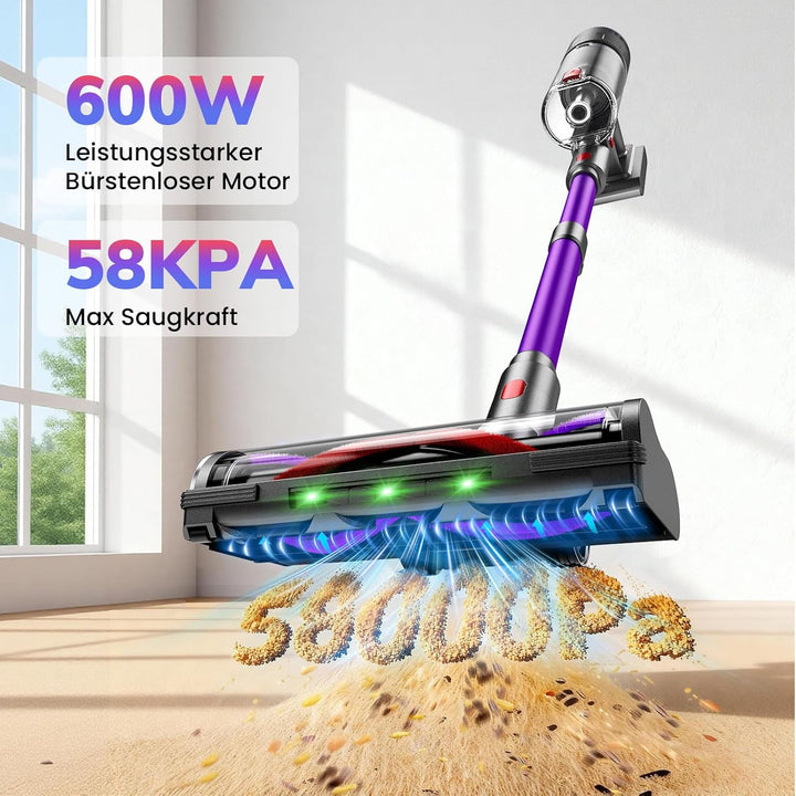 Akku Staubsauger, 600W/58000Pa/75Min, Laufzeit Staubsauger Kabellos mit Smart LED Display und Ladest